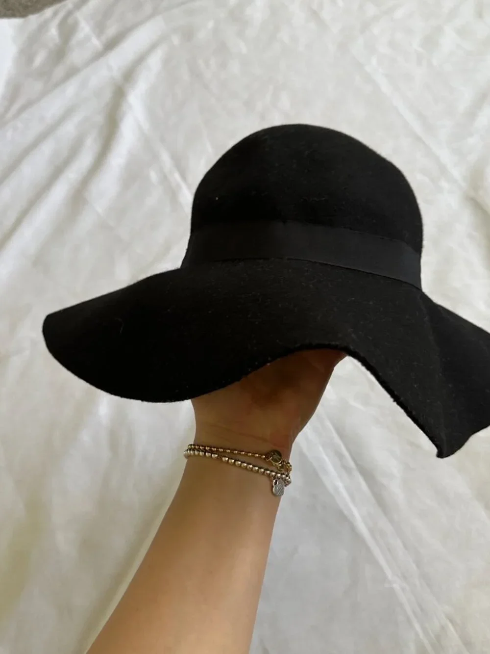 Black Felt Wide Brim Floppy Hat Women's Classic Ribbon Fedora Boho